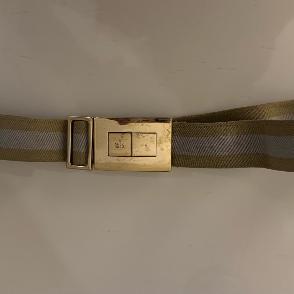 Gucci Tan and Gray Belt with Gold Buckle